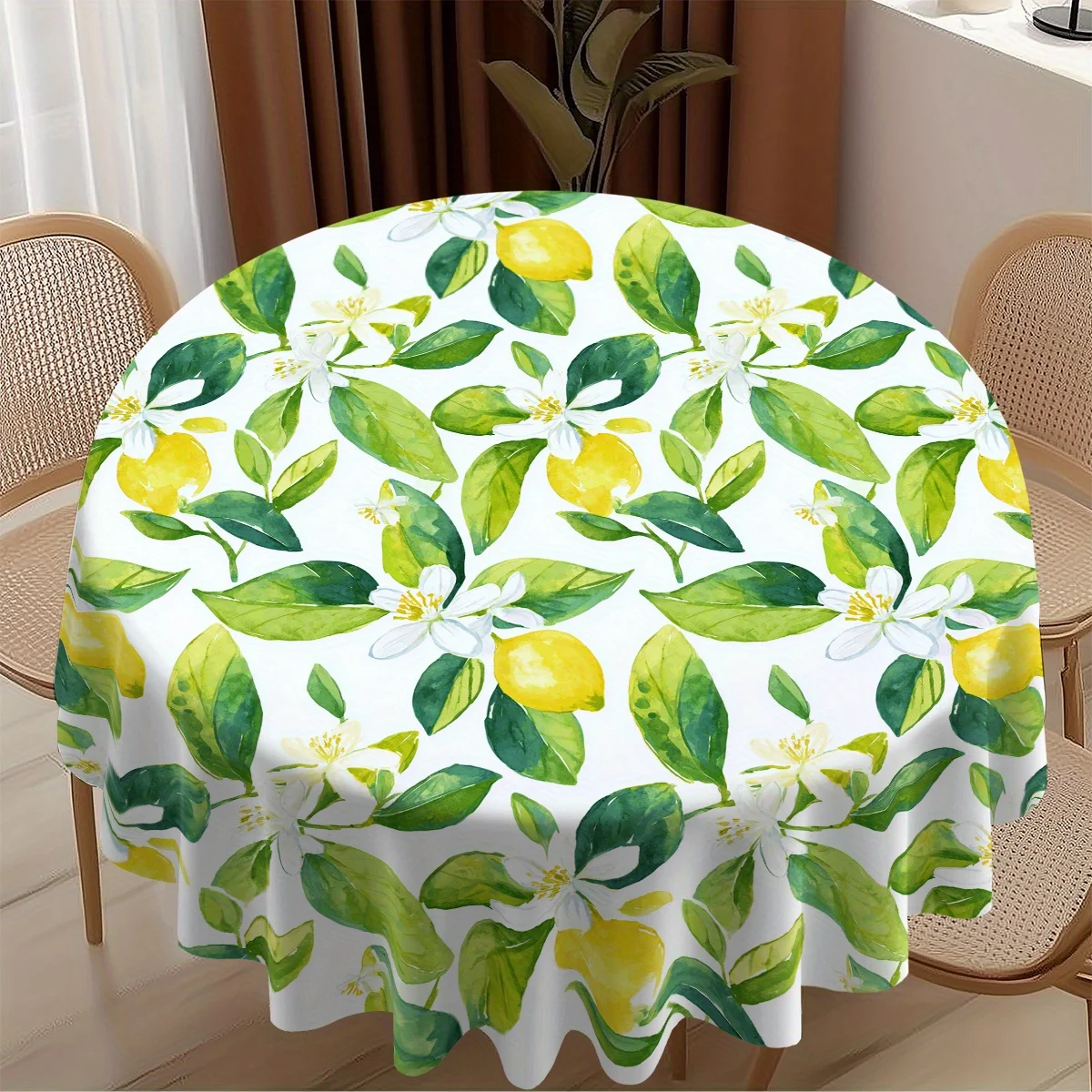 Fresh Lemon Green Leaves and White Flowers Pattern Digital Print Round Tablecloth 60 Inches Suitable for Various Scenes