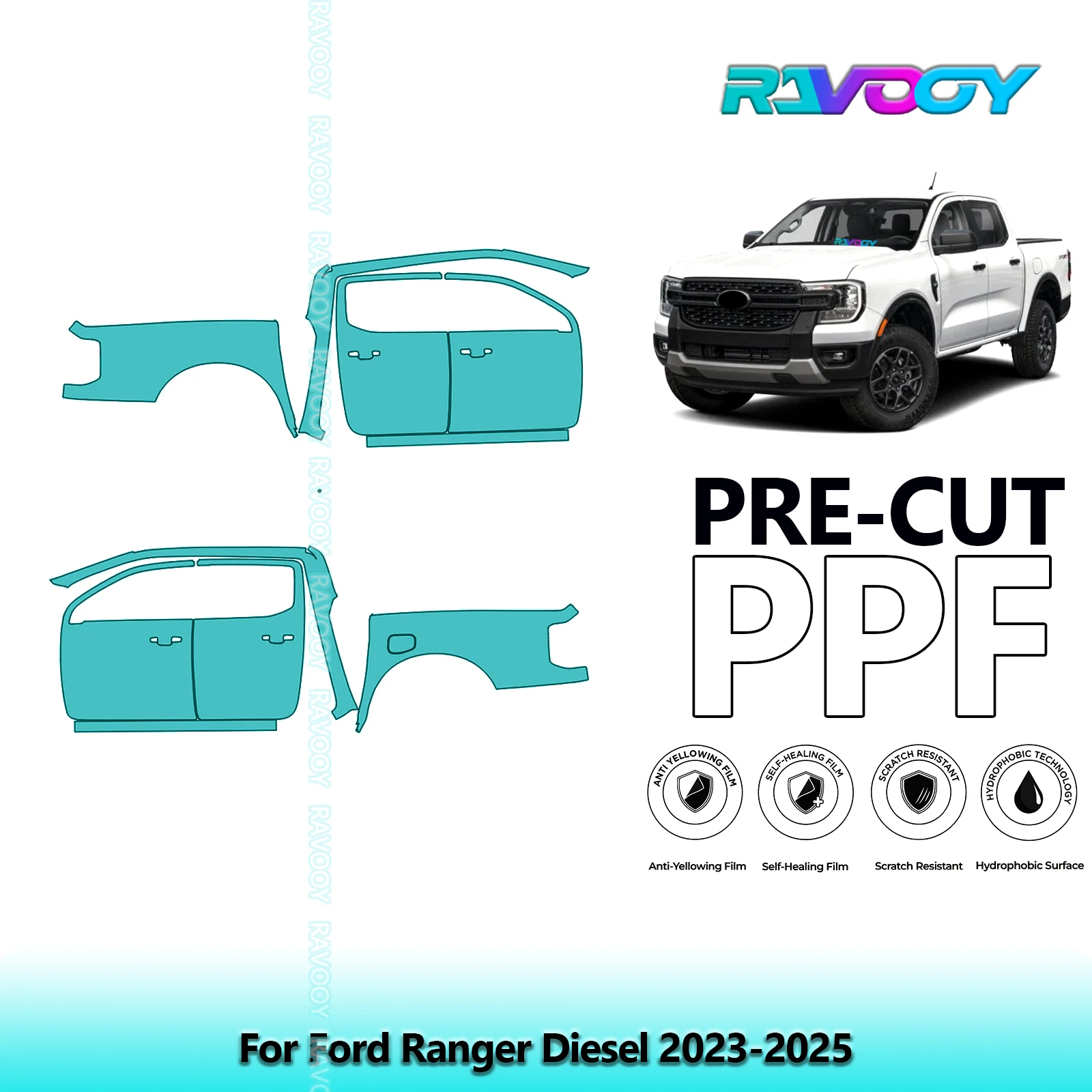 

For Ford Ranger Diesel 2023-2025 8.5mil Clear Matte Pre-Cut PPF Door & A/B Pillar Kit TPU Paint Protection Film Set