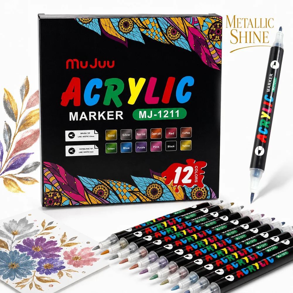 Marqueurs de peinture acrylique métallique à double pointe, 12 couleurs, imperméables, à séchage rapide, pour toile, céramique, verre, cartes, fournitures d'art et d'artisanat