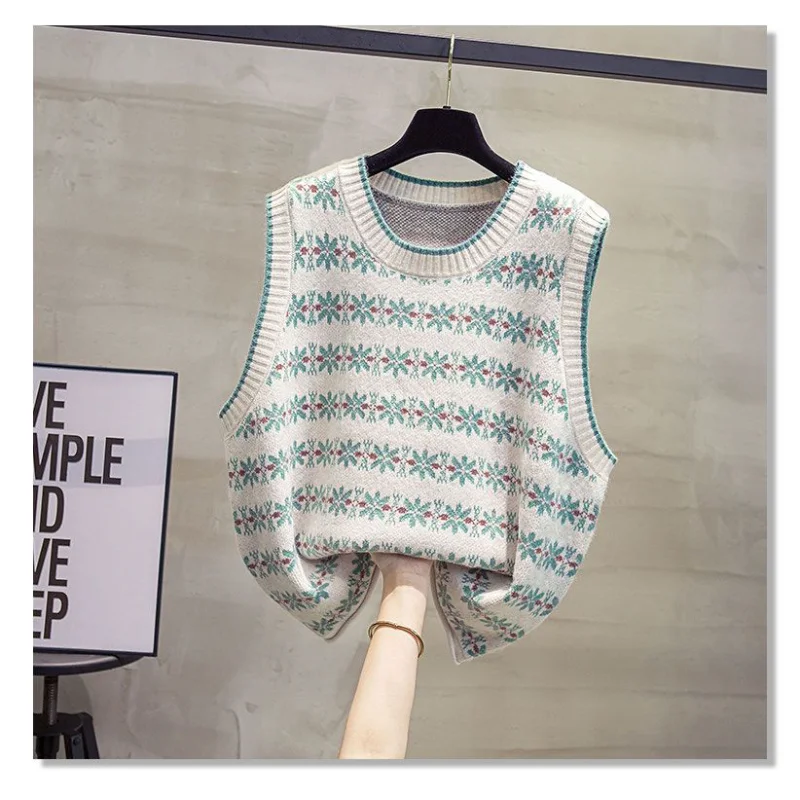 여성용 라운드 넥 니트 조끼 2025 봄과 가을 신상 패션 프린트 다용도 캐주얼 루즈 민소매 스웨터