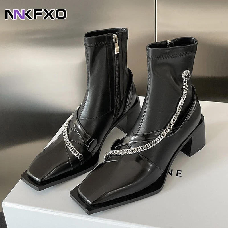 

2023 Women's Fashion Trend Ankel Boots with Metal Chain Female Autumn Winter PU Leather Waterproof Boots Side Zipper Boots QB470