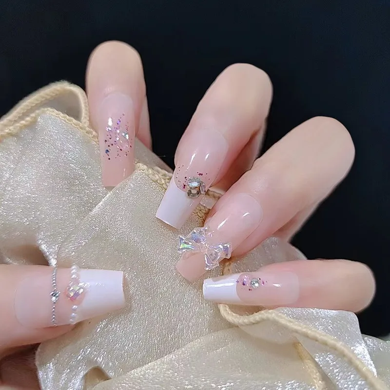 24개 하트 리본 프렌치 프레스온 네일 글리터 핑크 아크릴 네일 팁 아트 코핀 롱 풀커버 탈부착 가능 인조 네일 매니큐어