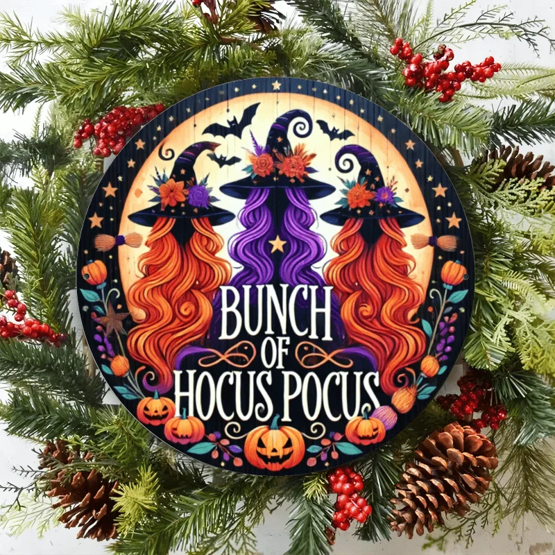 Bunch Of Hocus Pocus Halloween Witch Round Metal Tin Sign Spooky Pumpkin Wall Plaque for Home Decor