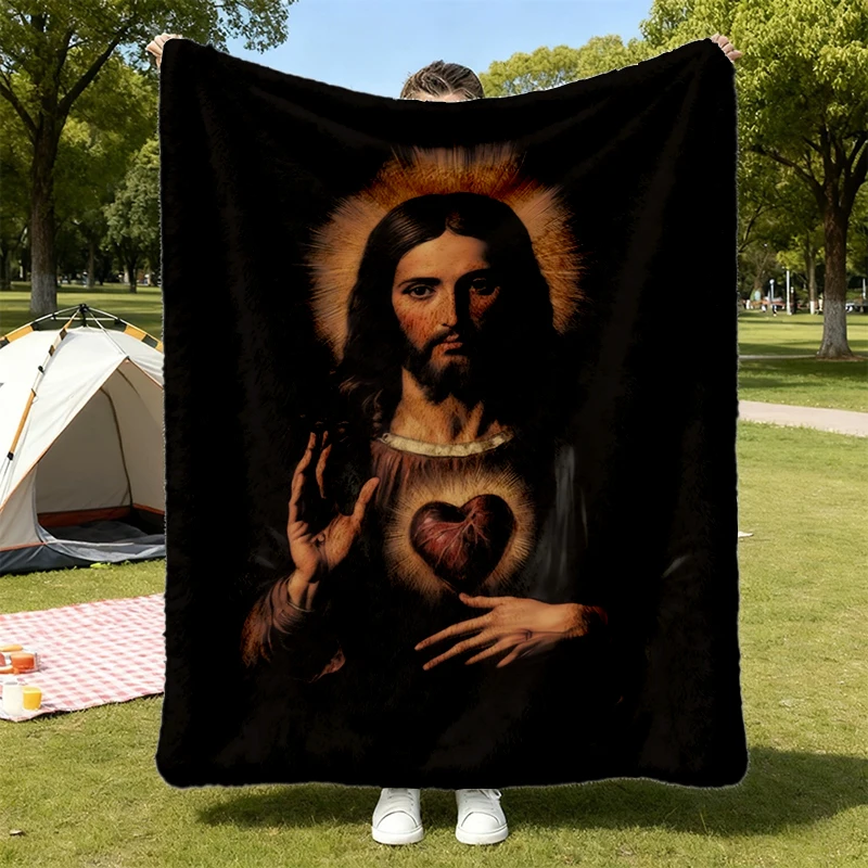 Vintage Sacred Heart of Jesus Comfort Flannel Blanket, Engraving Style Catholic Flannel Throw