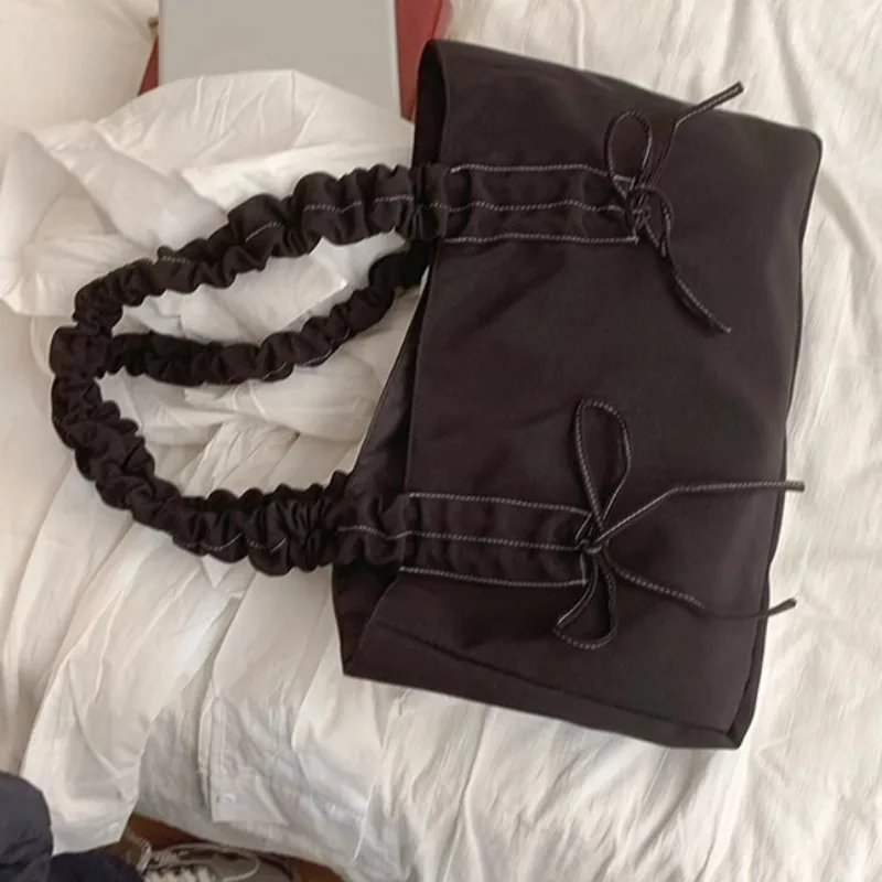 Xiuya Pink Pleated Womens Tote Bag Nylon Sweet Elegant Gentle Literary Casual Shoulder Bag Aesthetic New Korean Fashion Handbag