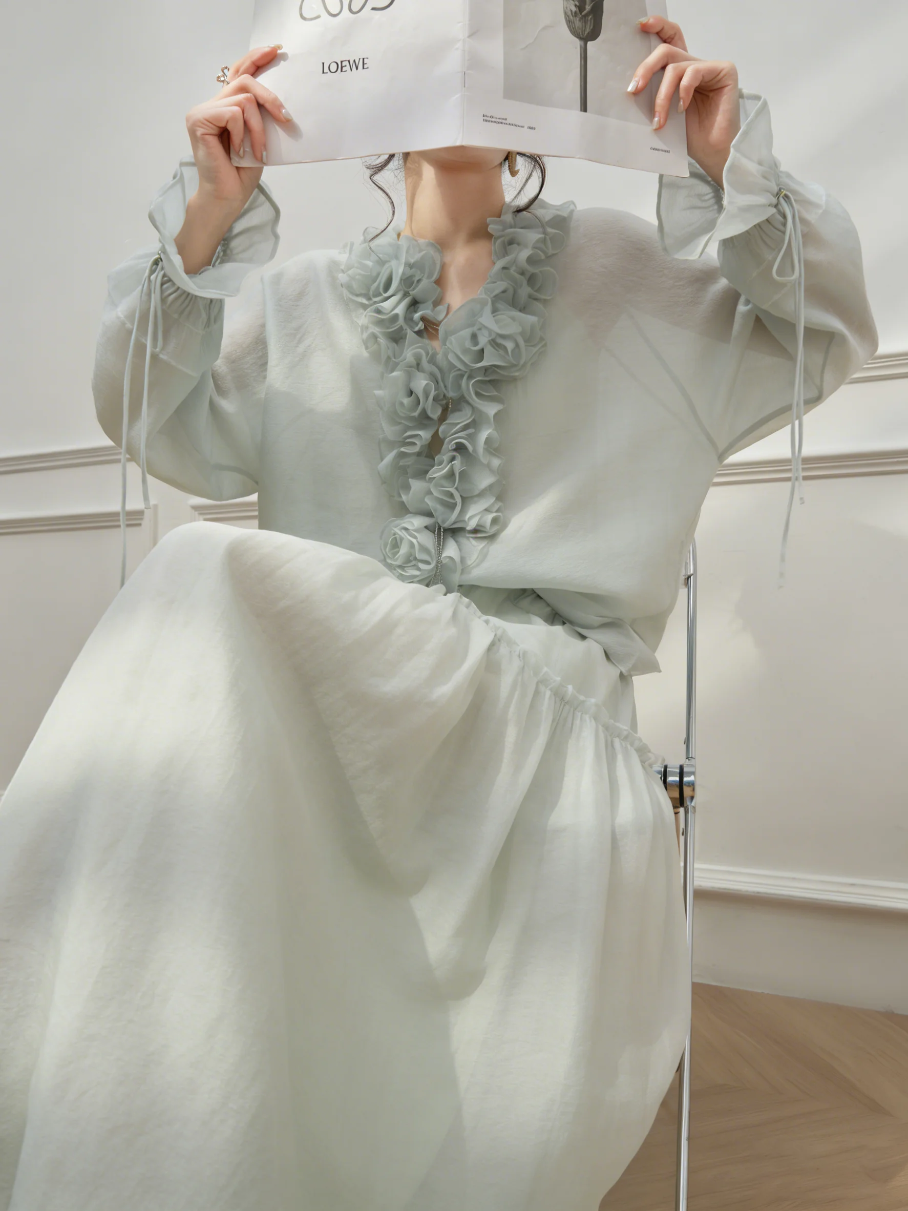 

Spring Green Long Sleeve Shirt Top Women's Half Skirt Set High Waist V-Neck Loose Fit Casual Fashion Ensemble