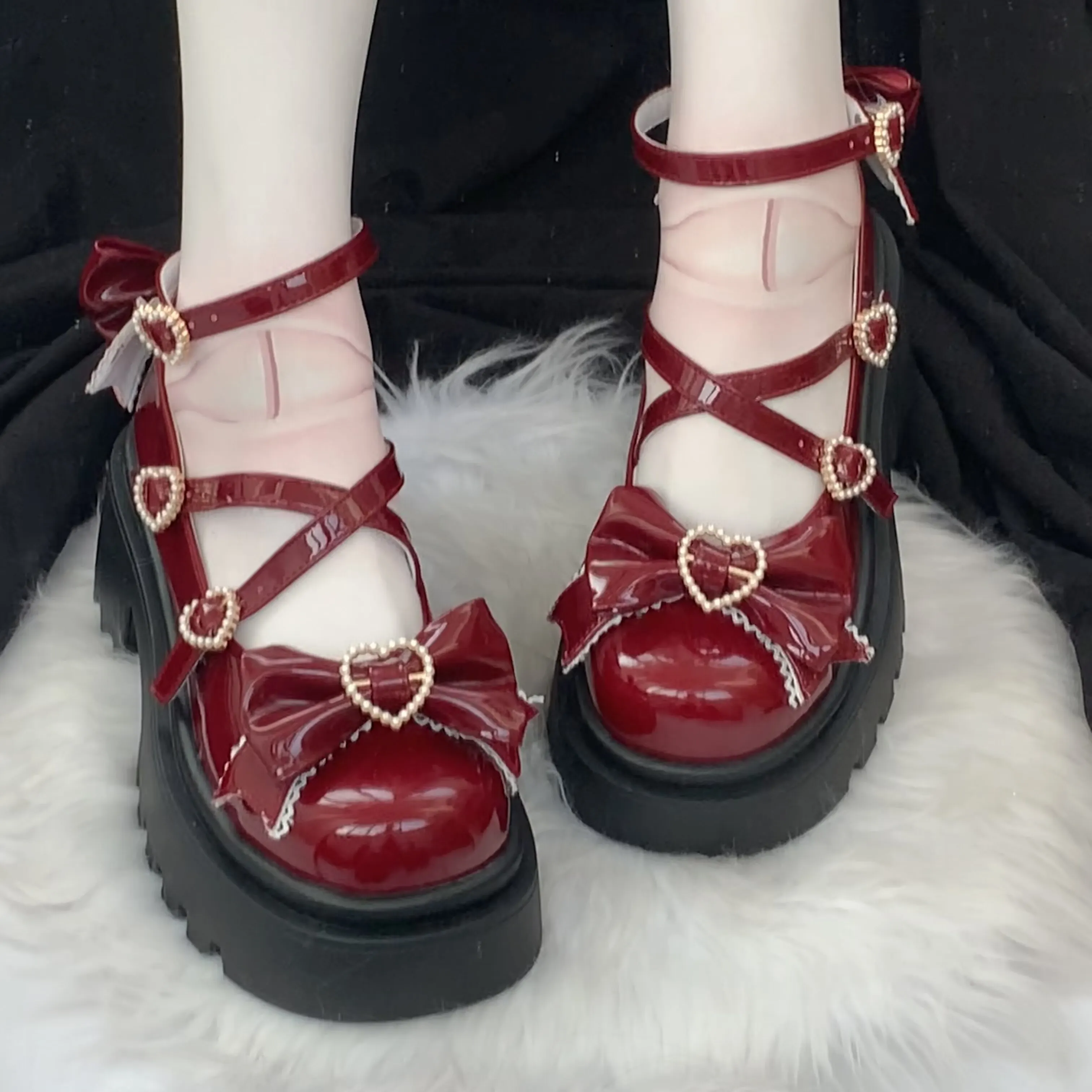 Women Lolita Platform Mary Jane Shoes Red Bowknot Heart Pearl Decor Cross Strap Plus Size Shoes