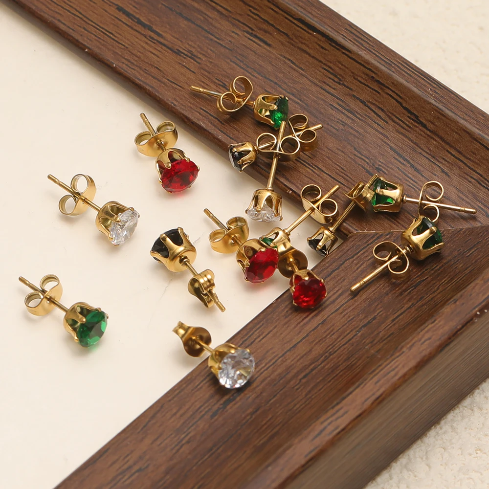 20 Stück Klassische Edelstahl-Ohrstecker mit Zirkonia für Frauen, Geburtsstein, Goldfarben, Kleine Huggie-Ohrringe, Täglicher Damenschmuck – Detail 5