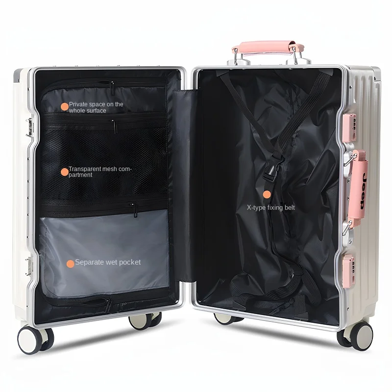Nova bagagem com estrutura de alumínio de 28 polegadas com grande capacidade mala de cabine de 20 polegadas com suporte de copo mala unissex com senha