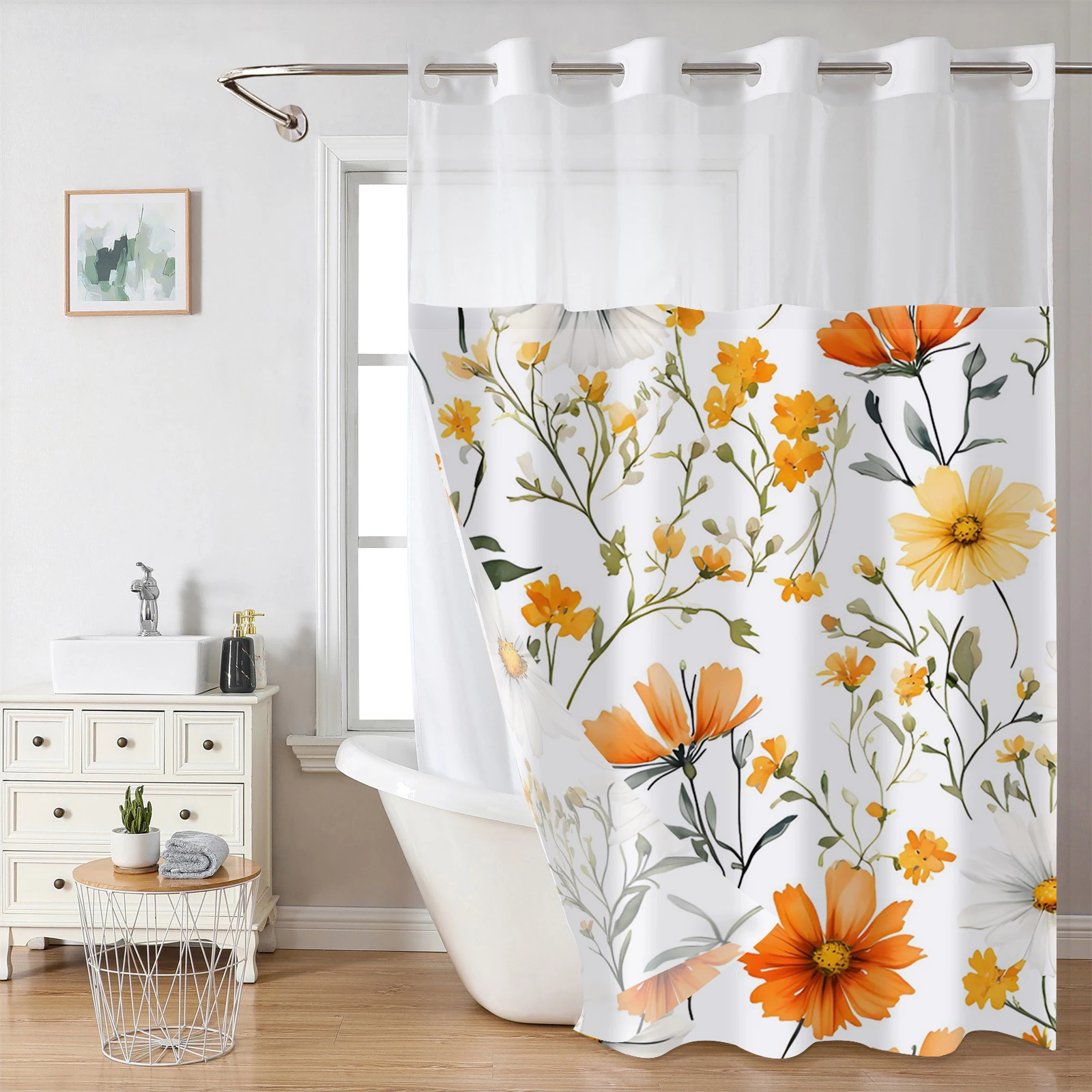 

No Hook yellow floral Shower Curtain With Snap-in Fabric Liner, Sheer Top Window, Waterproof Double Layer Bathtub curtain