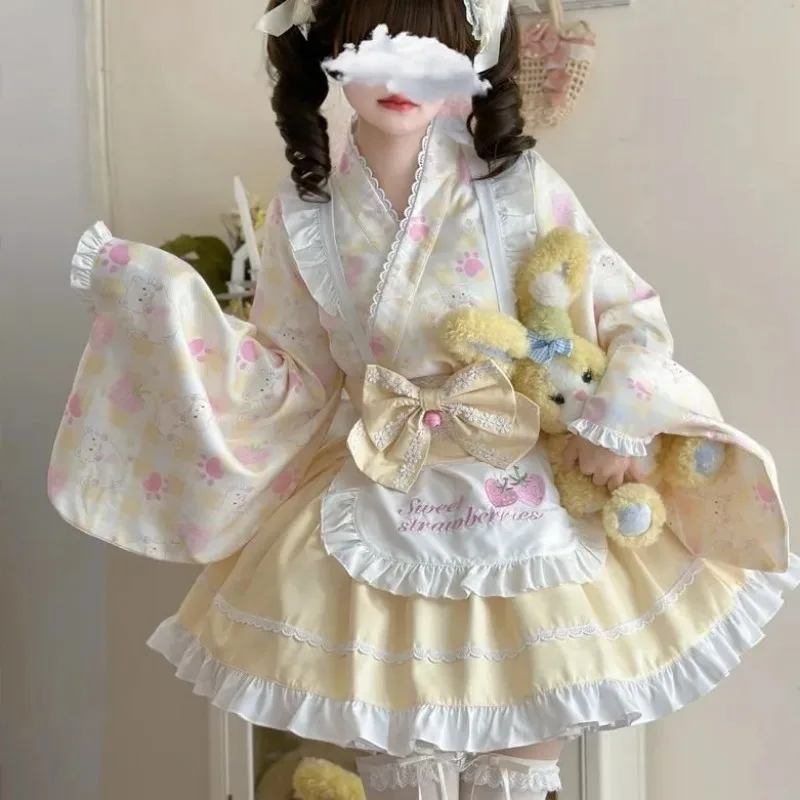 

Sweet Japanese Style Lolita Dress Cat Claw Print Ruffle Trim Kimono Sleeve Maid Dress With Apron