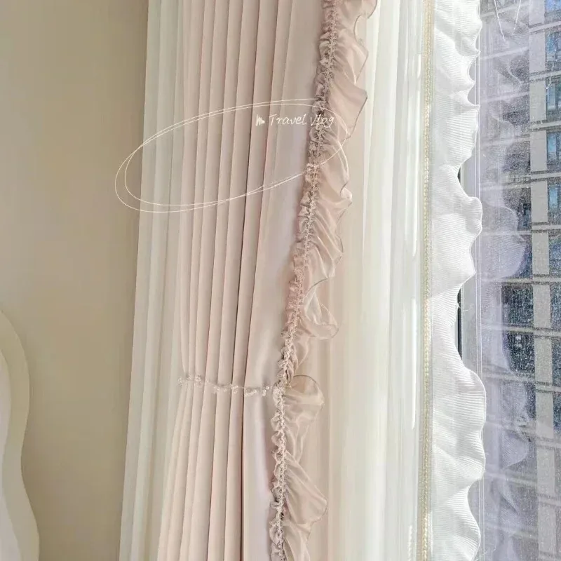 

Custom Size Chenille Pink Romantic Uxury Curtains for Living Dining Room Bedroom Embossed Side Patchwork Fantasy White Tulle