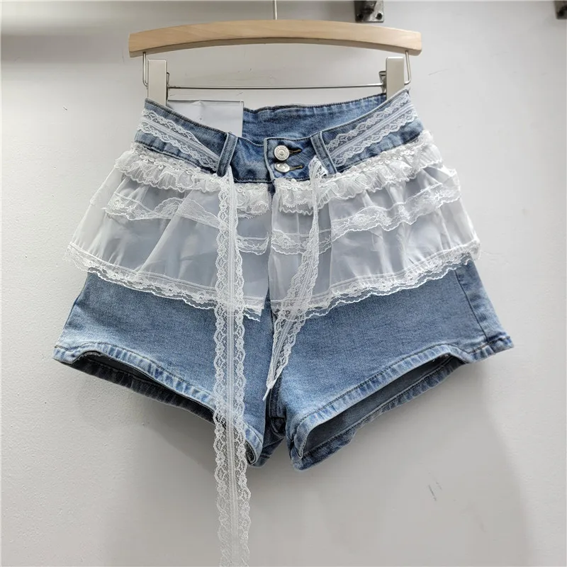 High Waist Splicing Lace Denim Shorts Women's Jeans Shorts Spring and Summer 2025 New Thin Wide-leg A-line Shorts Girl Hot Pants