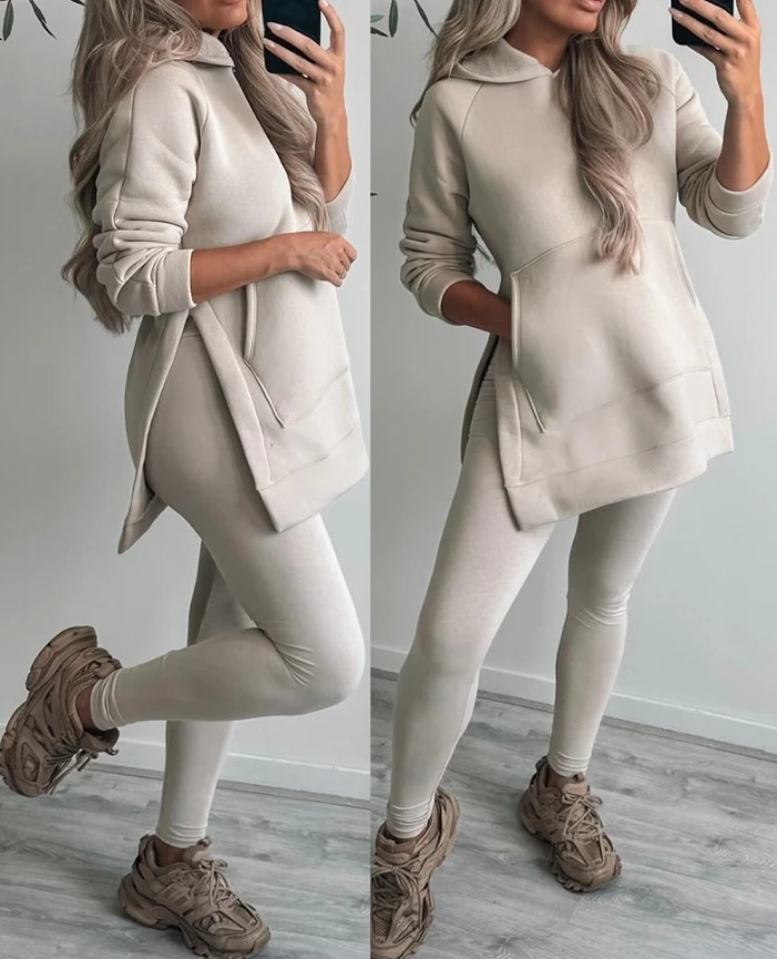 New Fashion Women's Clothes 2PCS Side Slit Kangaroo Pocket Design Hoodie & Skinny Leggings Pants Set Autumn Female Casual Outfit