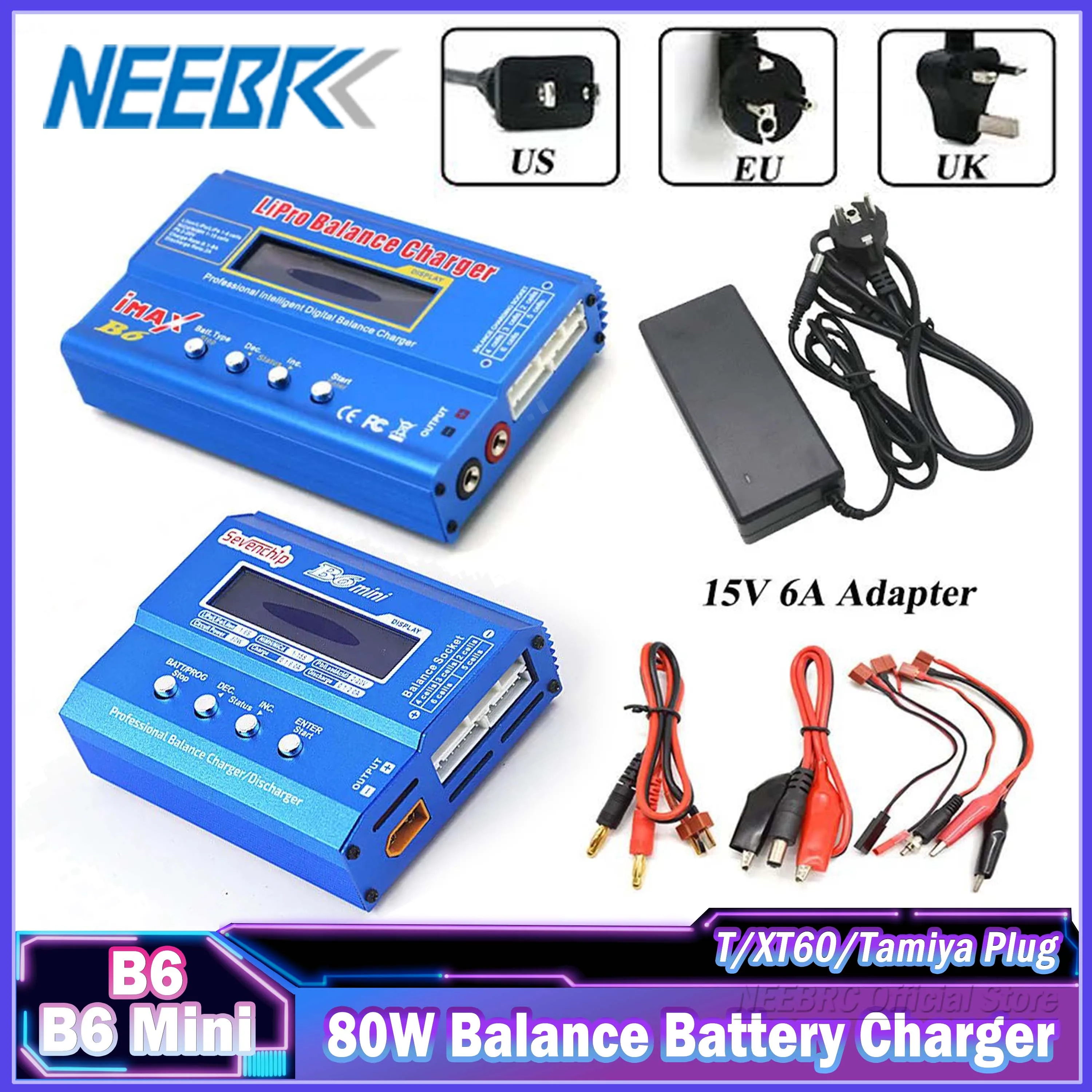 

iMAX B6 80W Balance Battery Charger Lipo NiMh Power Supply Li-ion Ni-Cd Digital RC Discharger T/Tamiya/XT60 Plug 15V 6A Adapter