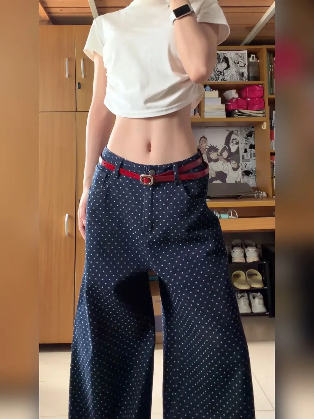 American Retro Polka Dot Wide Leg Jeans Loose Straight Loose Slimming Floor-Length Trousers for Men Autumn Season