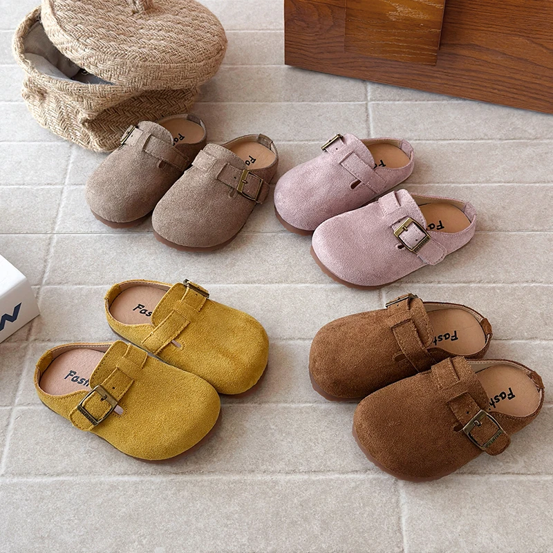Kids Suede Closed Toe Mule Slippers Single Metal Buckle Strap Soft Non Slip Rubber Sole Girls Retro Slip on Casual Shoes