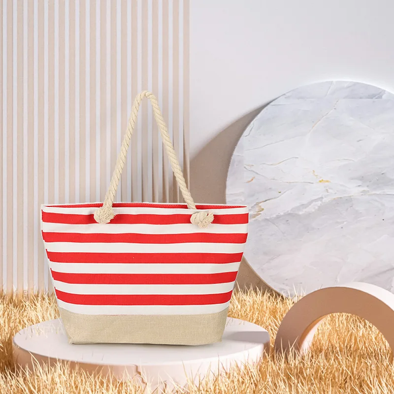 Casual Striped Canvas Bag For Women Large Capacity Shoulder Bag Shopping Totes Student Bookbag for School Travel Beach Bag