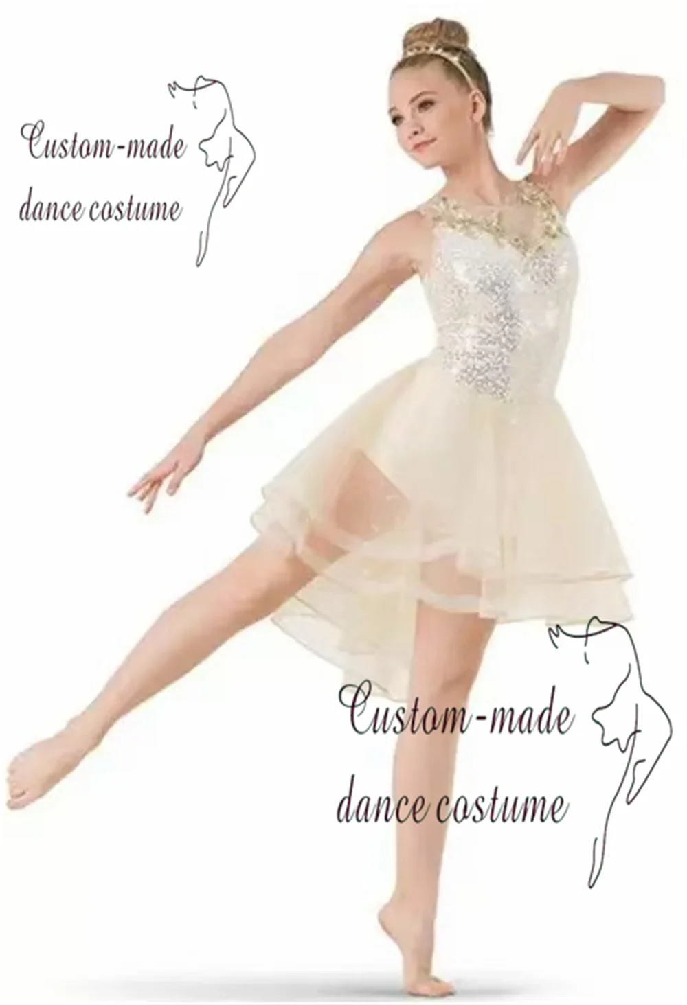 豪華なヘビーレースフラワーチュチュドレスシャンパンダンスコスチューム女の子用