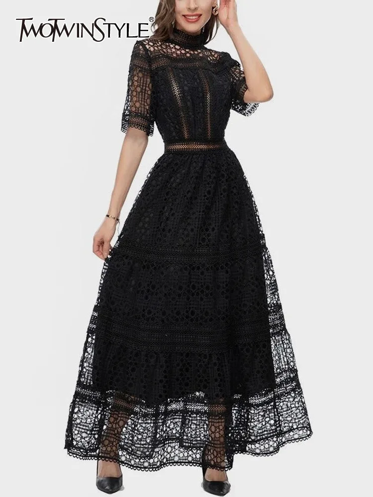 TWOTWINSTYLE vestido sólido oco fora elegante para mulheres com gola alta manga curta cintura A linha vestidos de moda feminina