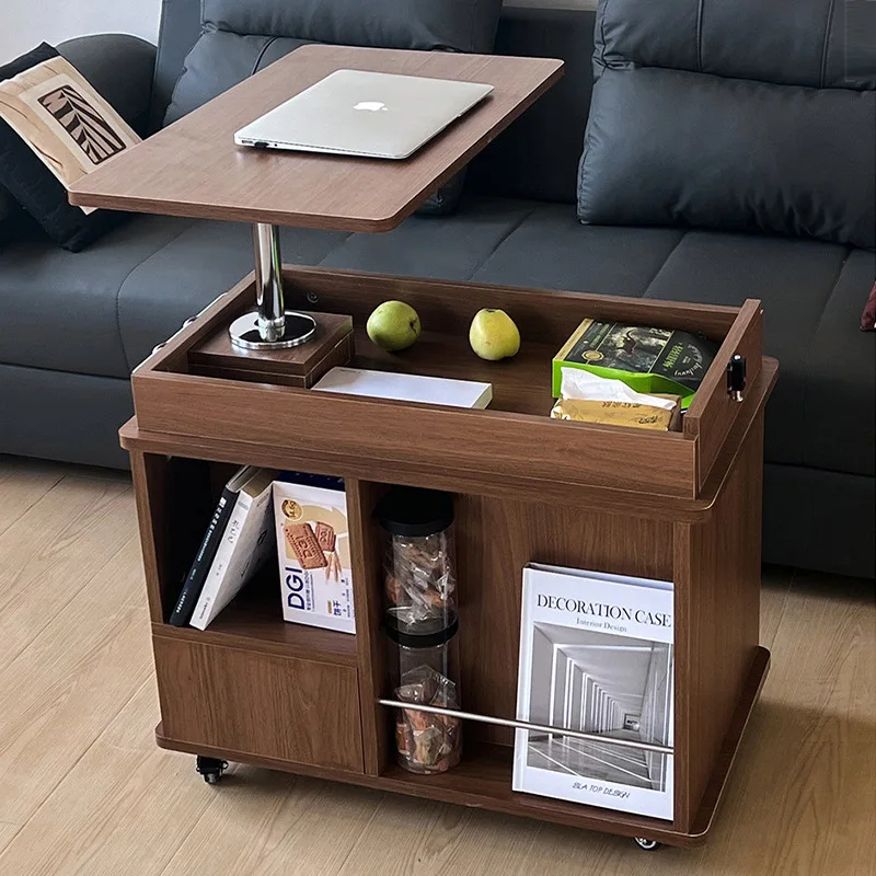 All solid wood sofa trolley movable lifting folding coffee table living room household side table coffee table small apartment