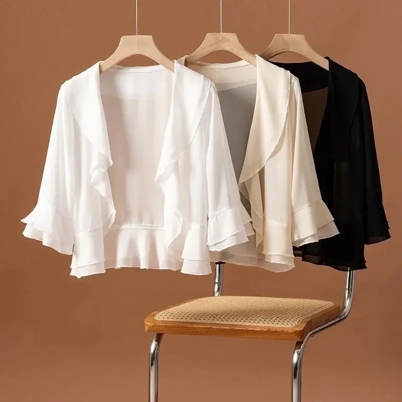 Outside Cardigan Sun Protection Women Summer Chiffon Jacket New Thin Lotus Leaf Sleeve Fashion Shawl Coat Sunscreen Tops Female