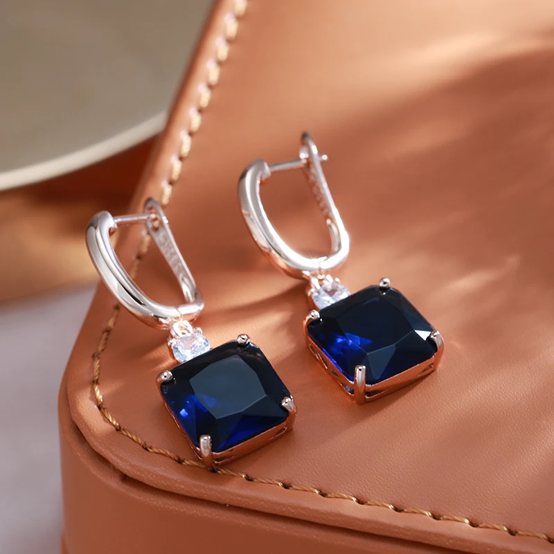 Kinel New Square Dark Blue Long Dangle Earrings for Women 585 Rose Gold Color Natural Zircon Wedding Earrings Daily Jewelry