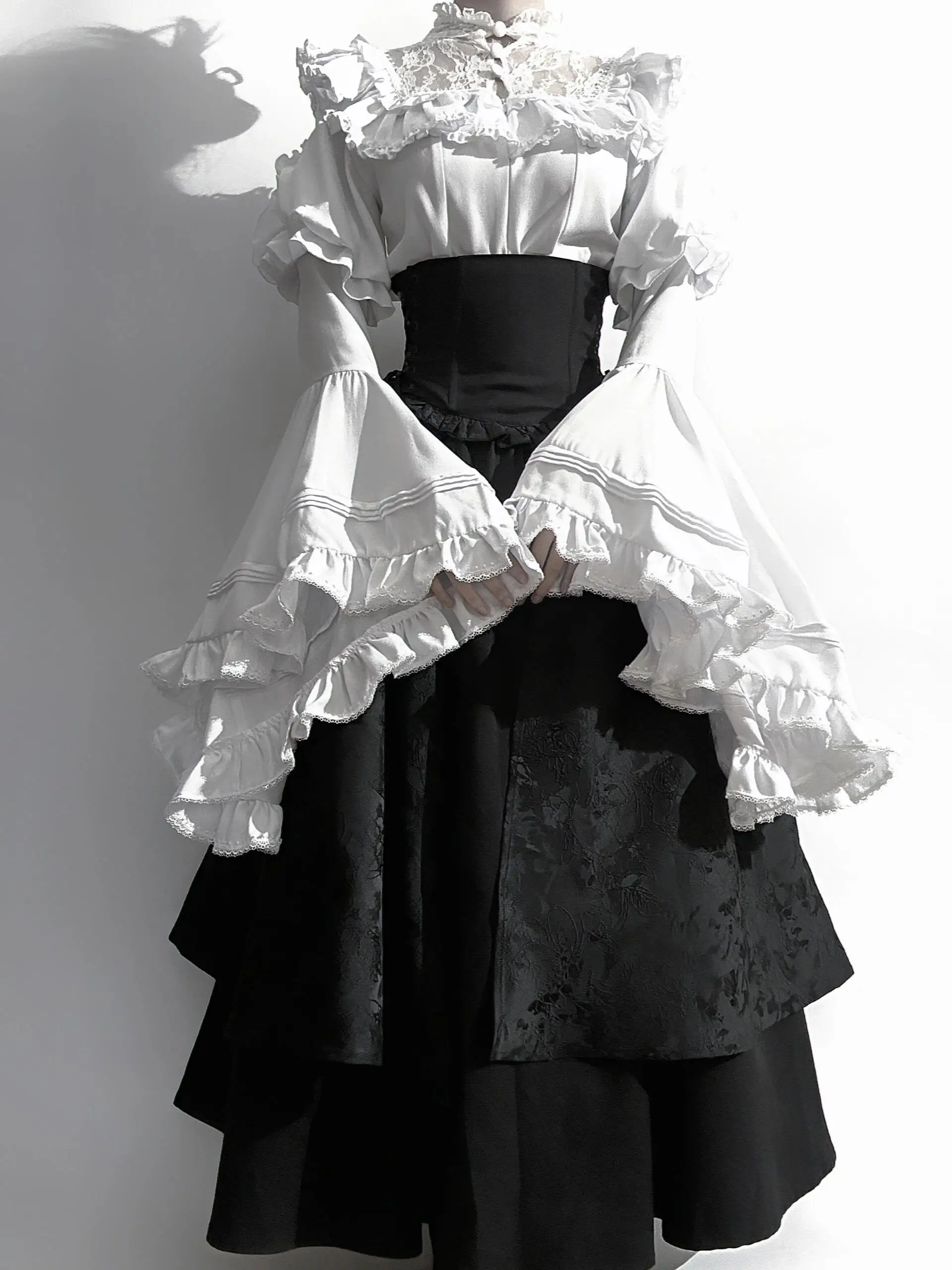 

Gothic Shirt Y2k Top Lolita Girls Ruffle Umbrella Skirt High Waist Oversized Long Skirt Horn Long Sleeve Student Elegant Blouse