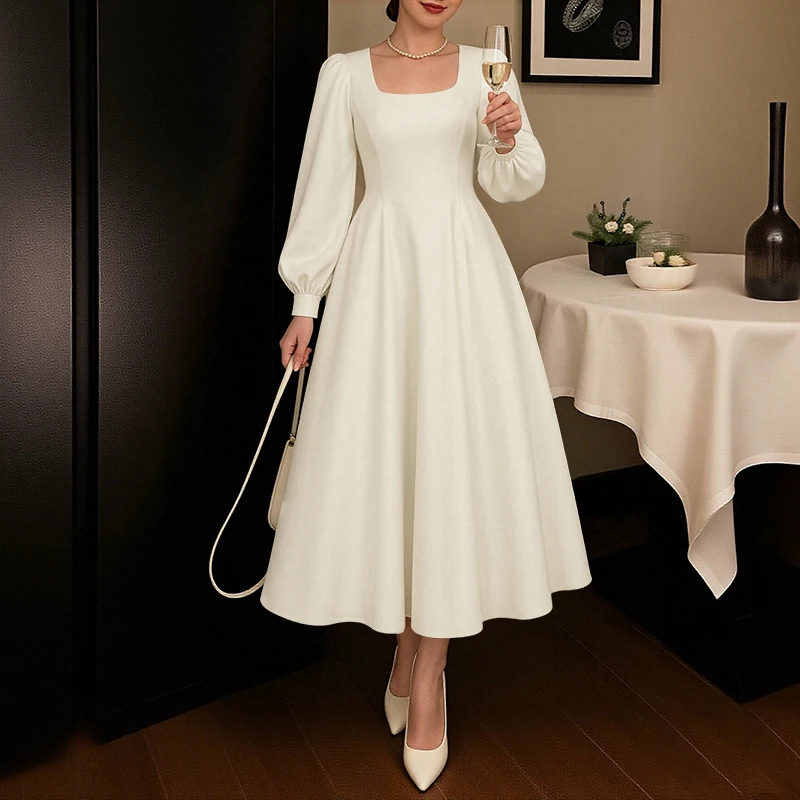 ZANZEA Donne Eleganti Colletto Quadrato Vestito Da Partito Lungo 2025 Autunno Manica Lunga A Soffio Abiti Da Sposa Casual di Colore Solido Midi Robe