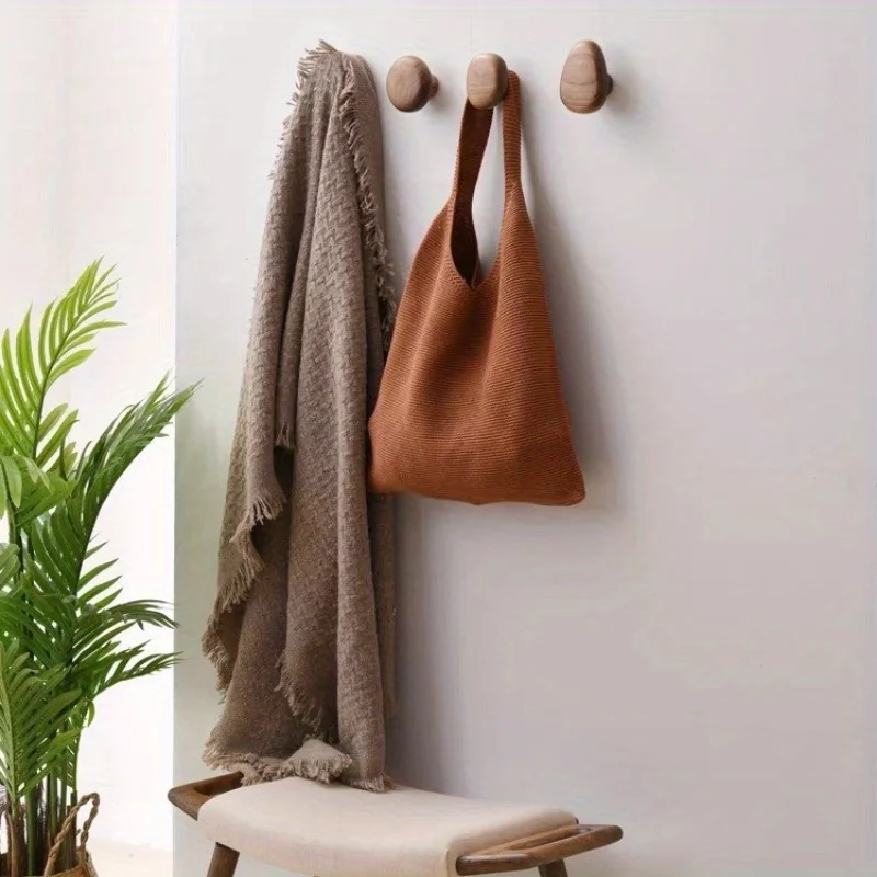 Scandinavian Solid Wood Handle Clothes Hook Coat Hook Wall-Mounted Hook Punch-Free Door Hanging Clothes Hanger Pebble Cabinet Door