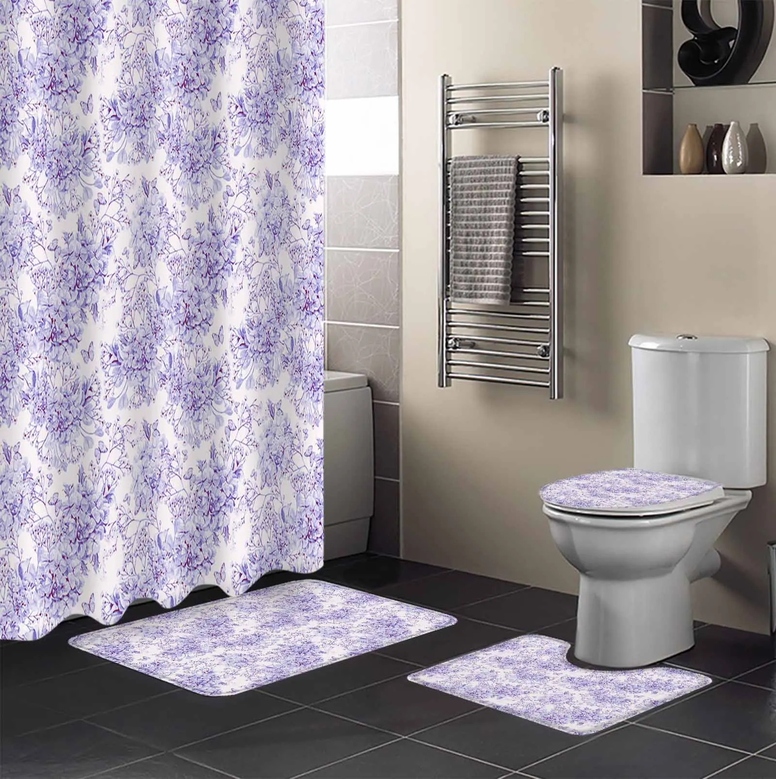 Spring Flower Hydrangea Shower Curtain Set Non-Slip Rugs Bath Mat Toilet Lid Cover Waterproof Bathroom Curtain