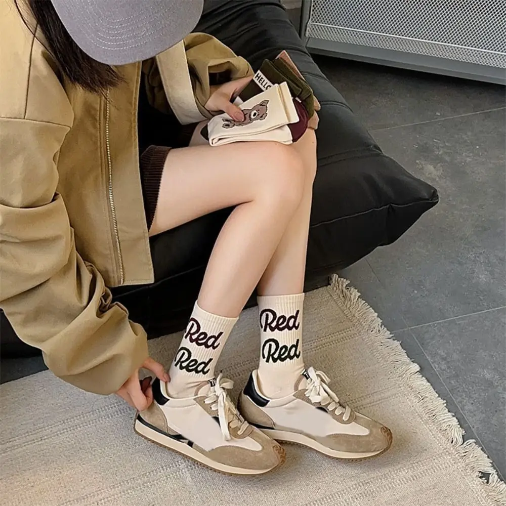 4Pairs Bear Pattern Girls Mid-calf Socks Letter Brown Series College Style Hosiery Stripe Harajuku Middle Tube Hosiery