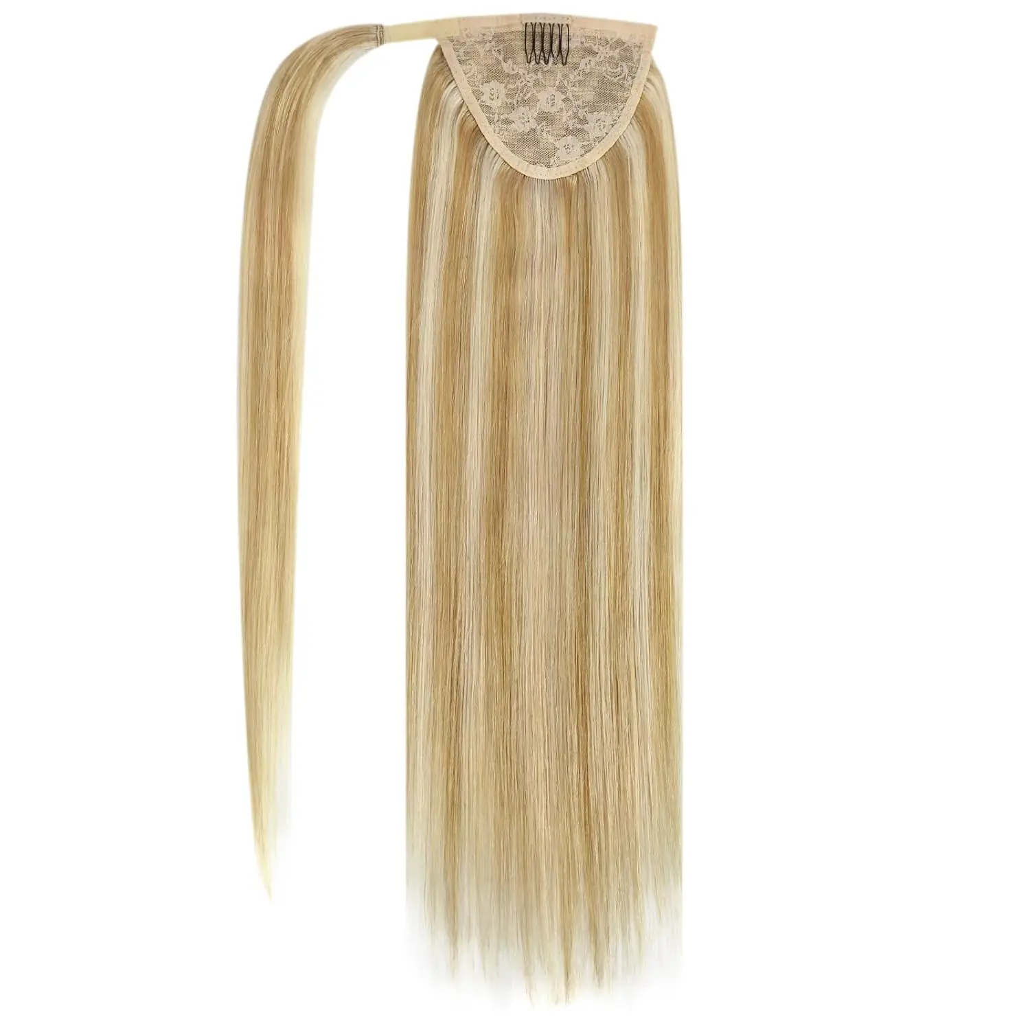 VeSunny Human Hair Ponytail Light Blonde Mix Golden Blonde Real Hair Ponytail Extension Highlights Blonde Ponytail Hair 80g