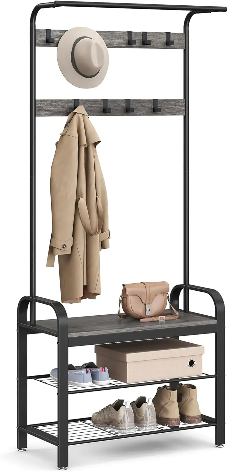 

4-in-1 Entryway Hall Tree with Shoe Bench, Coat Rack, and Hanging Rod in Charcoal Gray