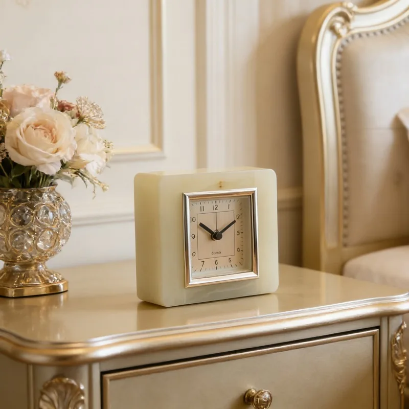 Natural marble table clock, soft decoration with artifact, Nordic style living room clock