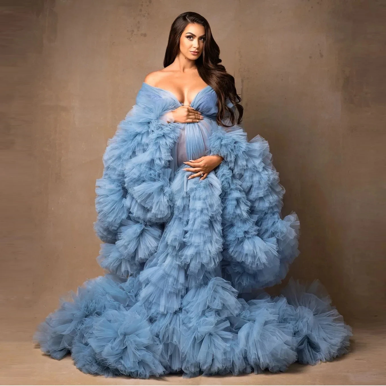 Elegant Blue Puffy Ruffle Maternity Tulle Robes Custom Made Long Sleeves Extra Puffy Pregnancy Dresses Photo Shoot