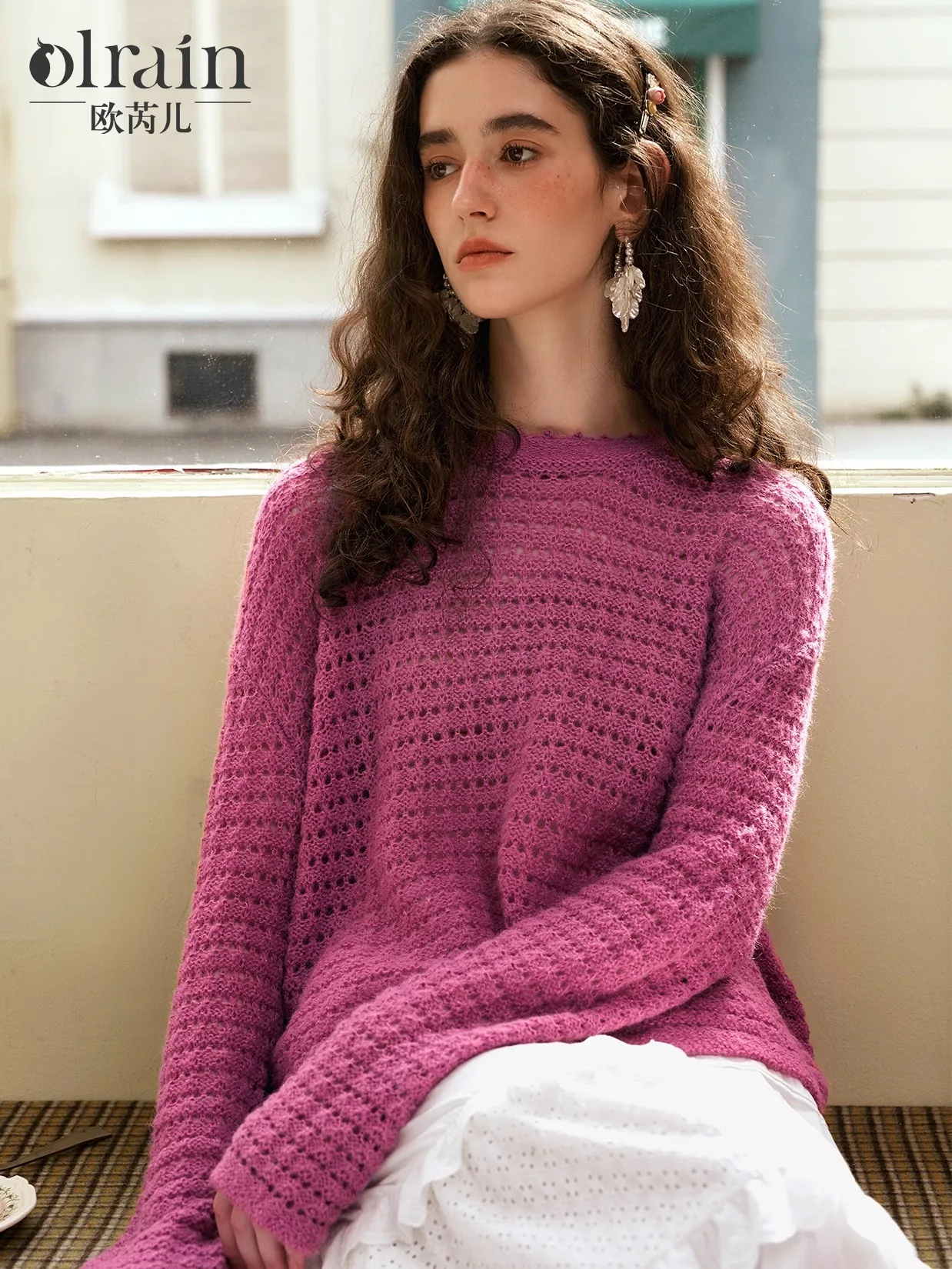 

OLrain Plum Knitted Pullovers for Women 2025 Spring Casual Lazy Hollow-out Drop Sleeve Chic O Neck Ladies Tops N56QZ95015