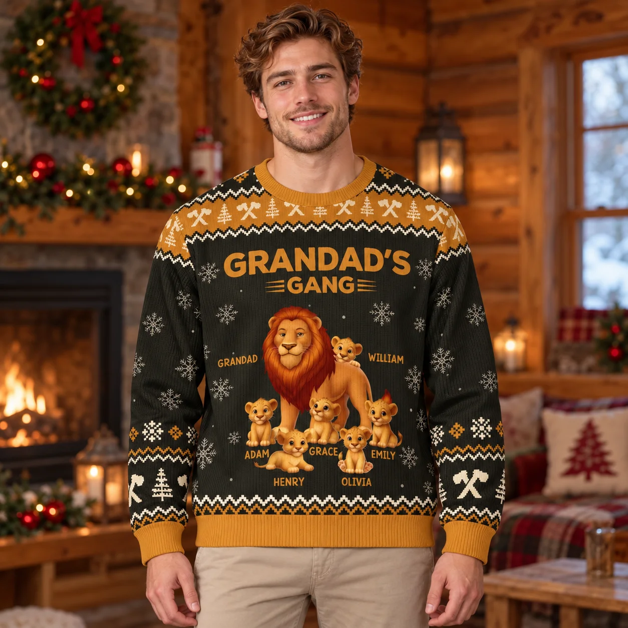 Grandma Grandpa Family Name Sweaters for Christmas Ugly Christmas Sweater Custom Photo Print Crewneck Holiday Party Tops