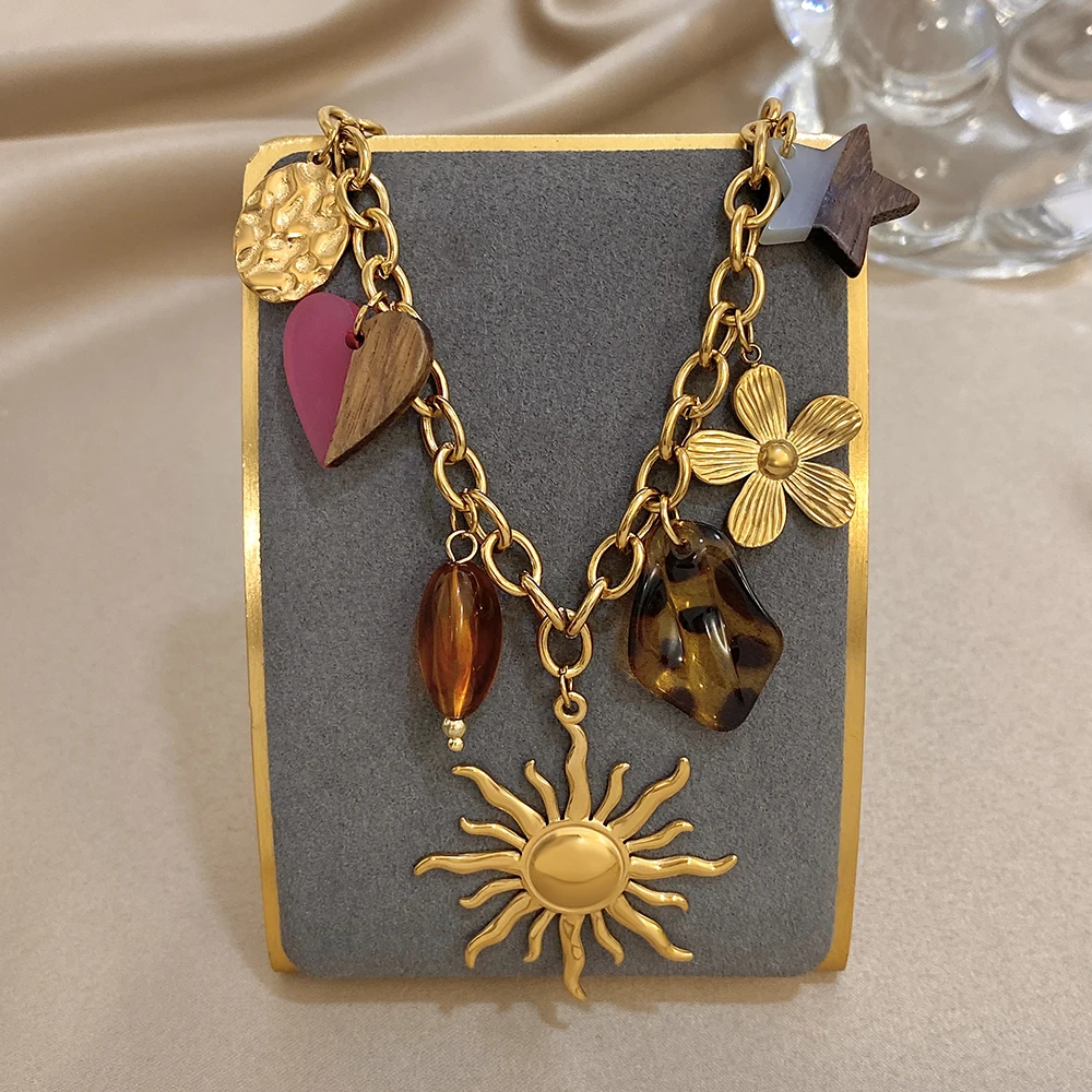 Greatera Sun Flower Five-pointed Star Multi-pendant Necklace Charm Valentine's Day Heart Pattern Women's Stainless Steel Jewelry