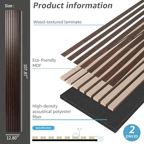 Wood Slat Wall Panel, Walnut, 108'' x 13'', 2 Pack 3D Soundproof, Large Acoustic Panels, Interior Ceiling and Wall Decor, Noise