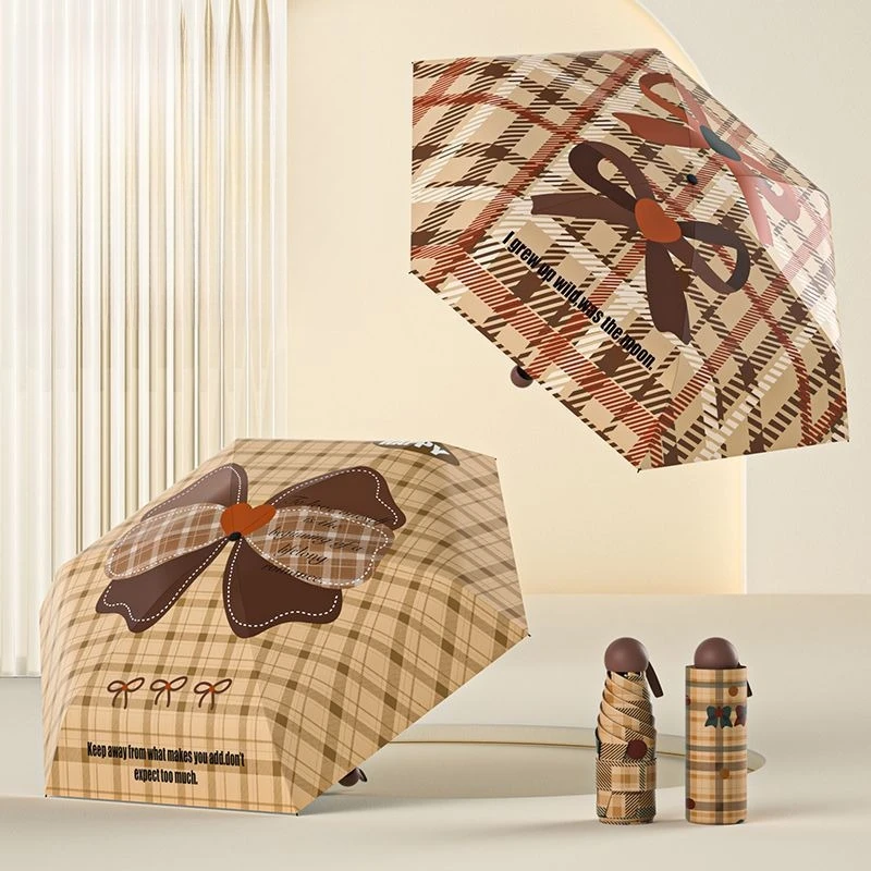 Plaid Bow Mini Triple Fold Umbrella Niche Durable Simple Japanese Fresh Girl Pocket Ultra Light Umbrella