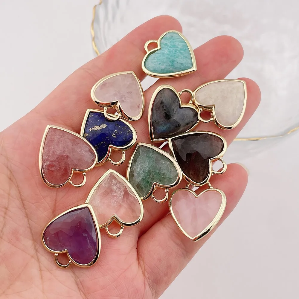 Heart Shaped Natural Crystal Pendant for Women Faceted Stone Real Amethyst Moonstone Lapis Pink Crystal Pendant Pendulum DIY