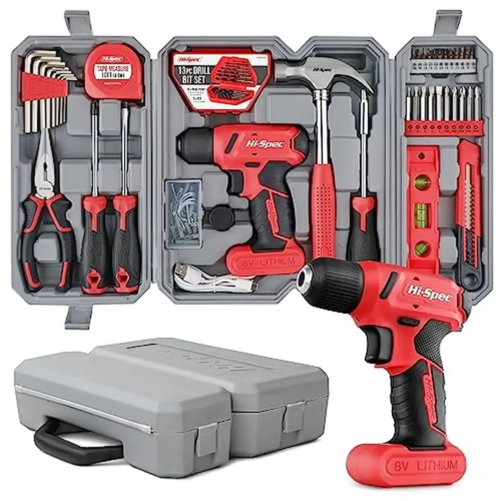 

58pc DIY Screwdriver & Tool Set 8V Compact Cordless Drill Driver S2 Steel Bits USB Rechargeable Home Repairs