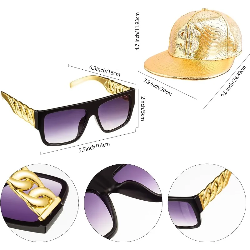 Kit de fantasia de hip hop dos anos 80, boné de beisebol, óculos de sol punk, acessórios de rapper, corrente de ouro falso, pulseira, anel, decoração de festa de halloween