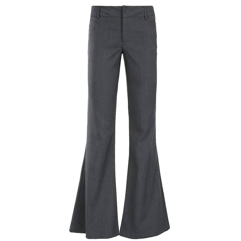 Lucyever Grey Low Waisted Flared Pants Female Y2K High Street Retro Wide Leg Trousers Fashion Slim Pocket Office Lady Suit Pants
