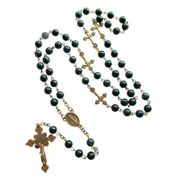 Green Pearl Beads Rosary Necklace with  & for Cross Crucifix Pendant Y Shape Necklace Jewelry Gifts for Women Men