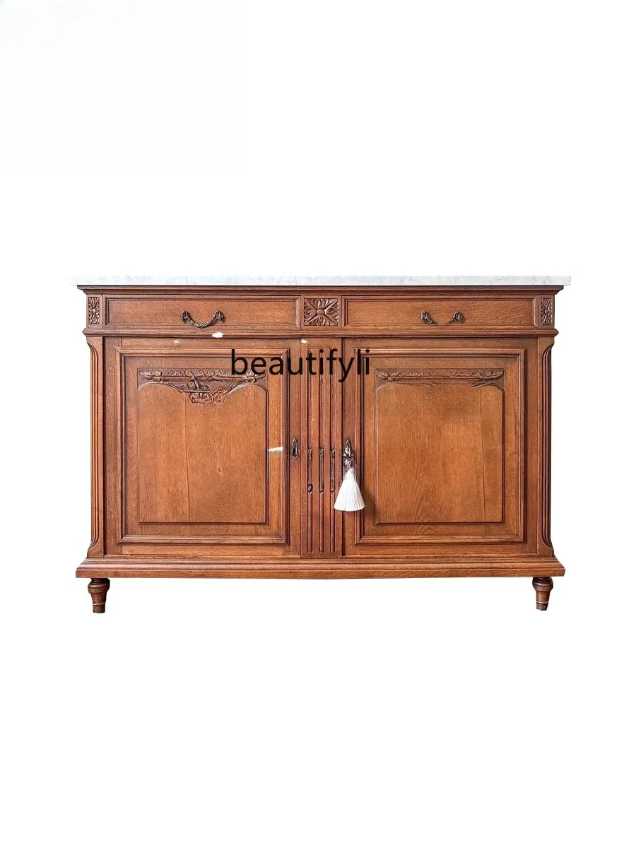 

American Retro Solid Wood Entrance Cabinet Sideboard Living Room Marble Wall Storage Cabinet Side Cabinet