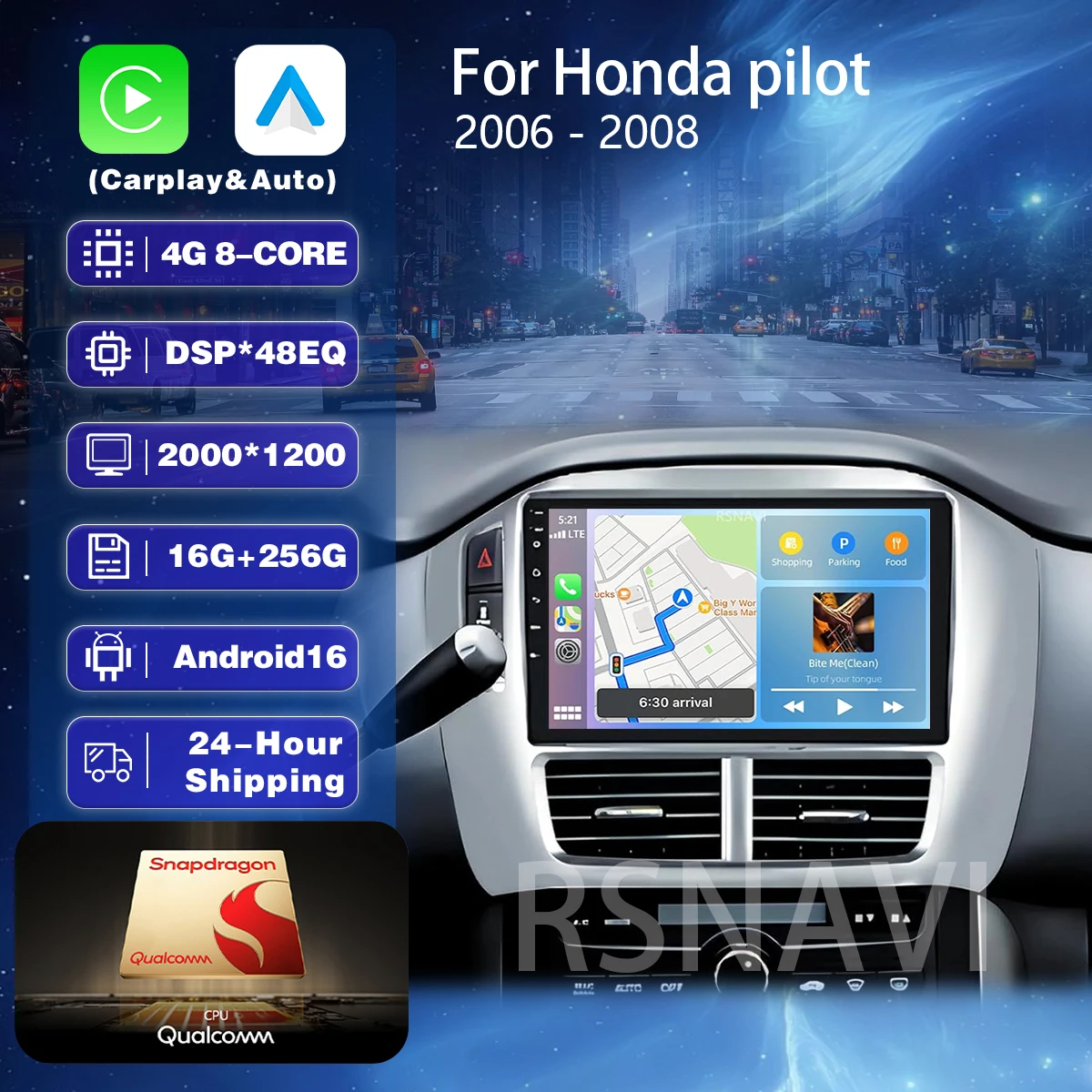 RSNAVI Android 16 Carplay Auto Car Radio DAB+ Multimedia Player For Honda Pilot 2006 2007 2008 Head Unit  steering wheel control