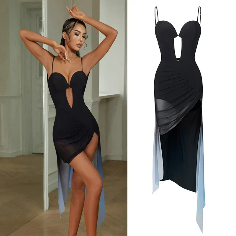 Kobiety konkurs tańca Latin sukienka nieregularny Gradient Latin taniec sukienki Sexy Backless wycięcie w stylu Latin Dance Dress