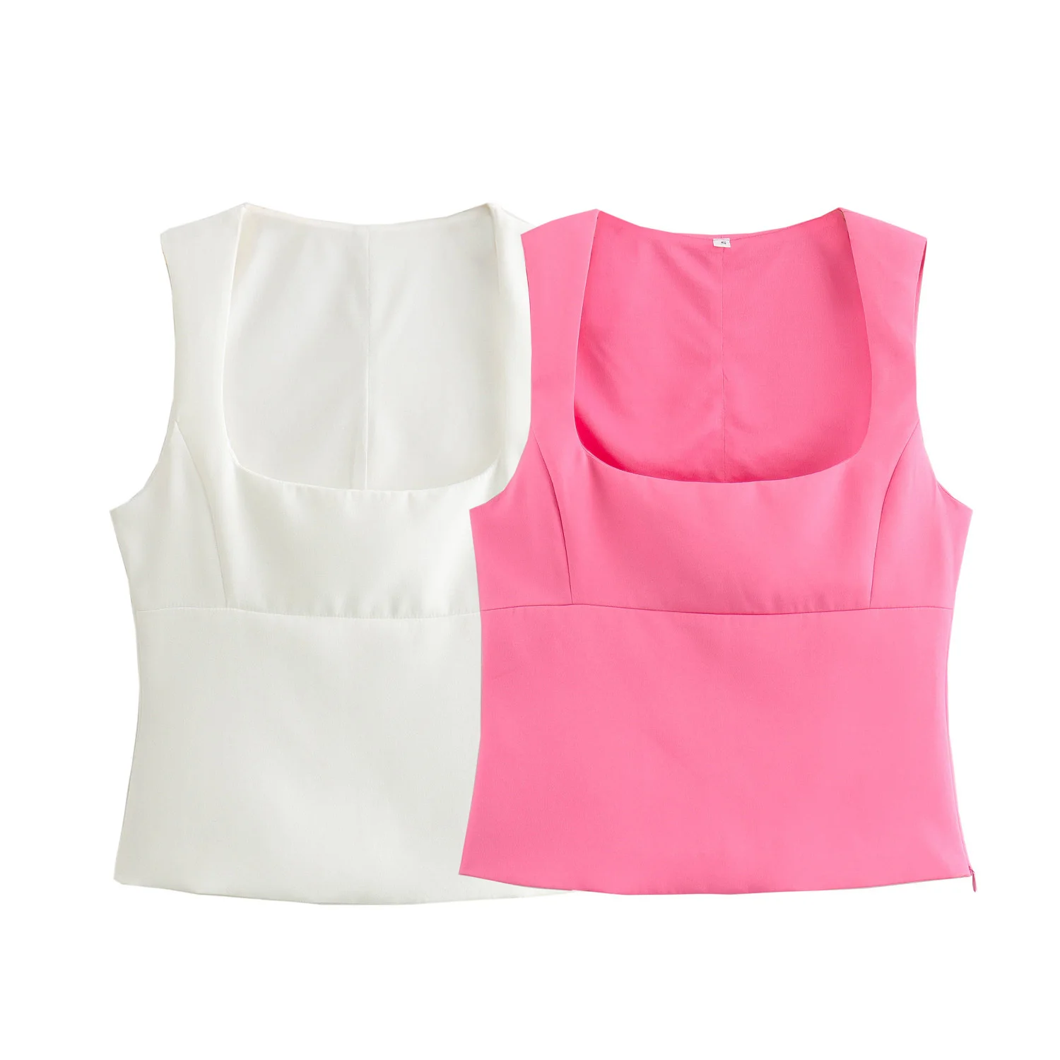 Women's 2024 New Chic and Versatile Leisure Fashion Square Collar Design Elastic Zipper Vest Top Retro Sleeveless Camis Chic Top